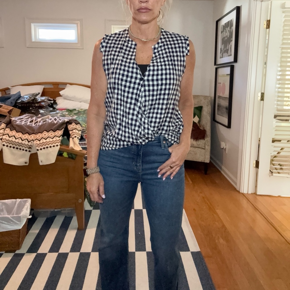 Anthropologie blue and White Gingham Blouse- built in wrap design